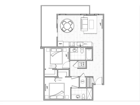 floor plan of a small apartment with living room and kitchen
